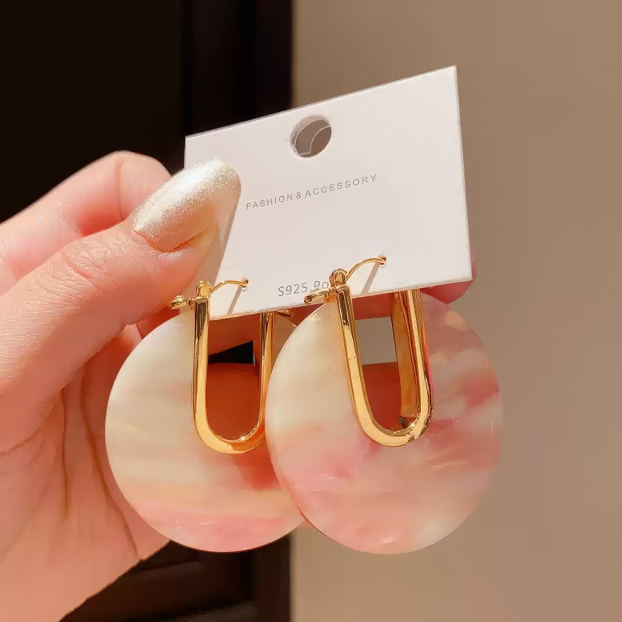 Gold Tone U-Hook Earrings with Shimmering Iridescent Round Disc