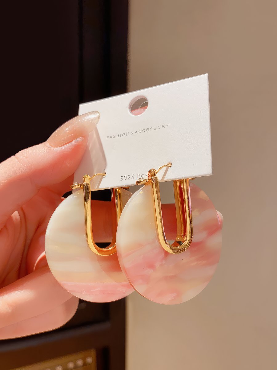 Gold Tone U-Hook Earrings with Shimmering Iridescent Round Disc