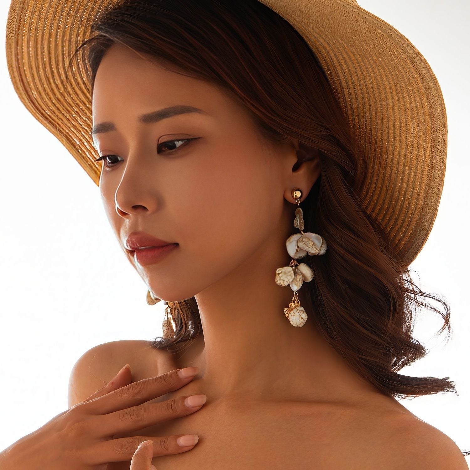 Irregular Stone and Shell Cluster Dangle Earrings