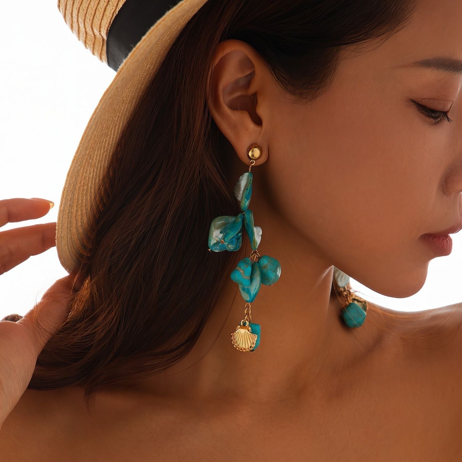 Irregular Stone and Shell Cluster Dangle Earrings