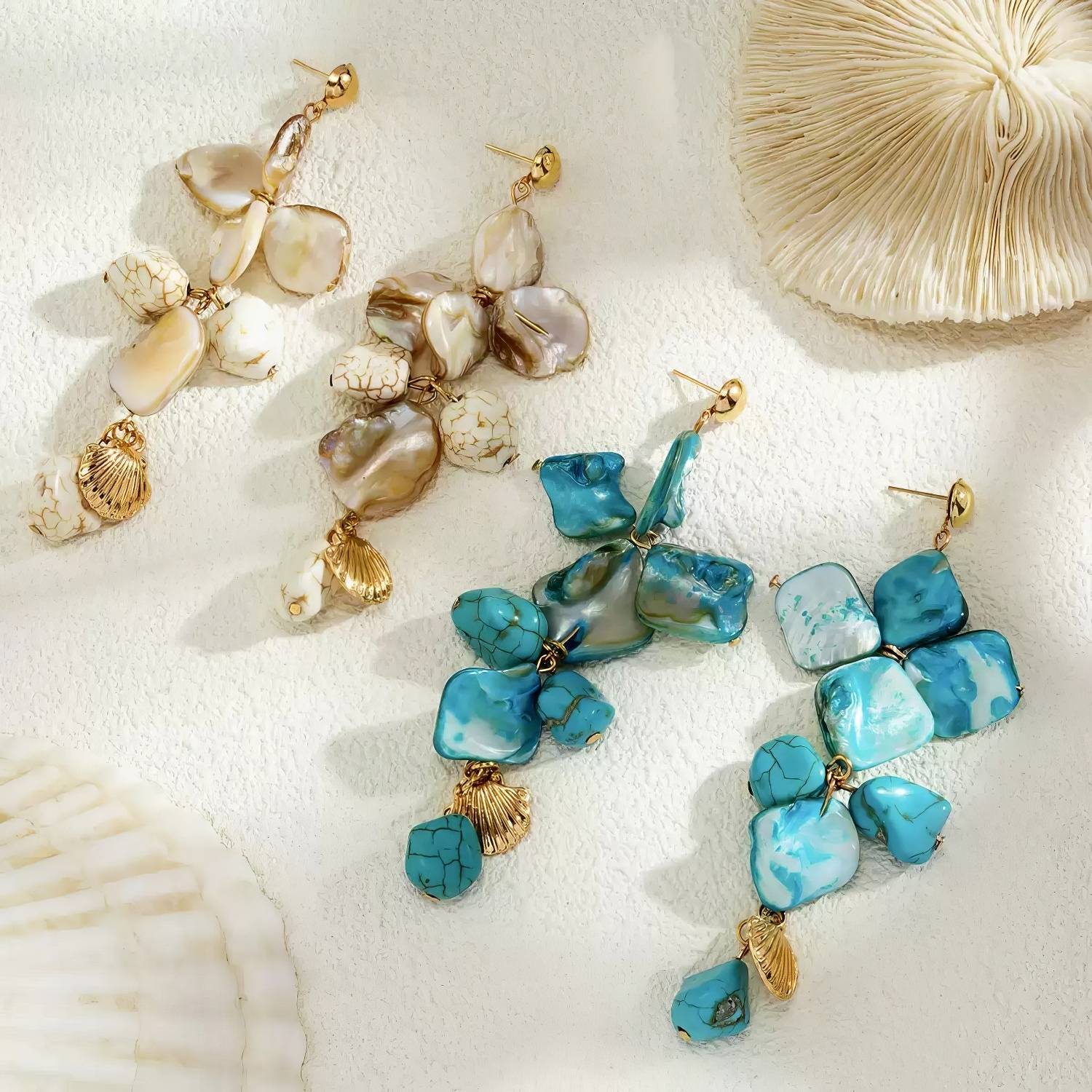 Irregular Stone and Shell Cluster Dangle Earrings