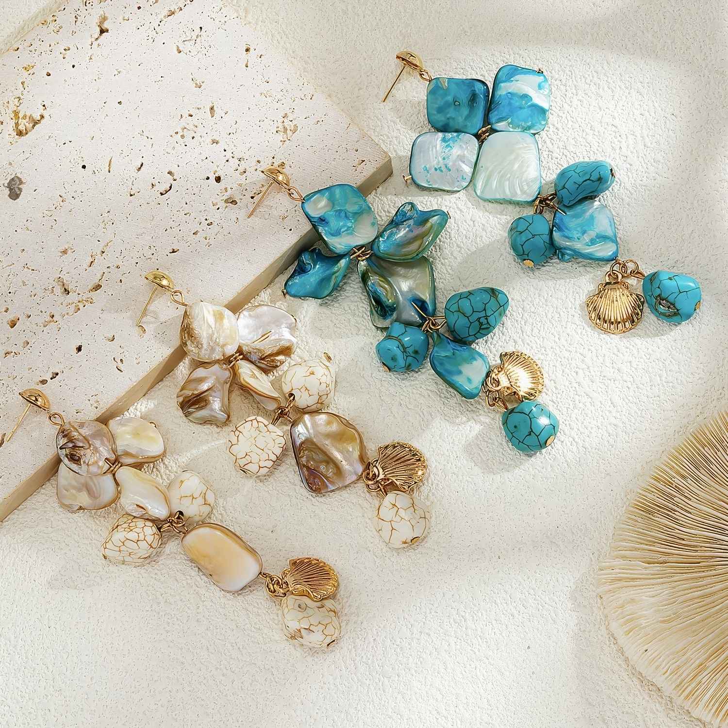 Irregular Stone and Shell Cluster Dangle Earrings