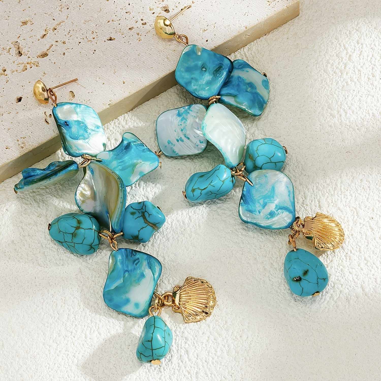 Irregular Stone and Shell Cluster Dangle Earrings