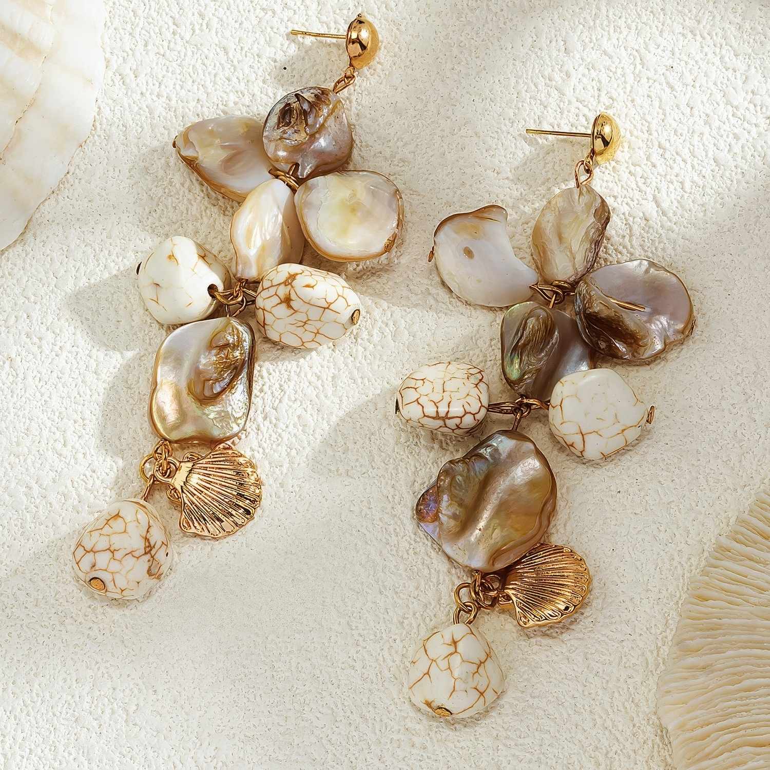 Irregular Stone and Shell Cluster Dangle Earrings