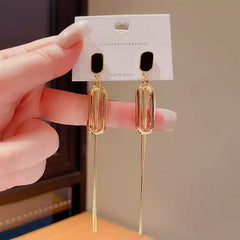Korean Style Gold Tone Elongated Drop Earrings with Smooth Black Top
