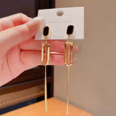 Korean Style Gold Tone Elongated Drop Earrings with Smooth Black Top