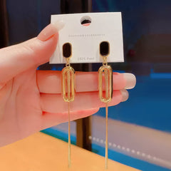 Korean Style Gold Tone Elongated Drop Earrings with Smooth Black Top