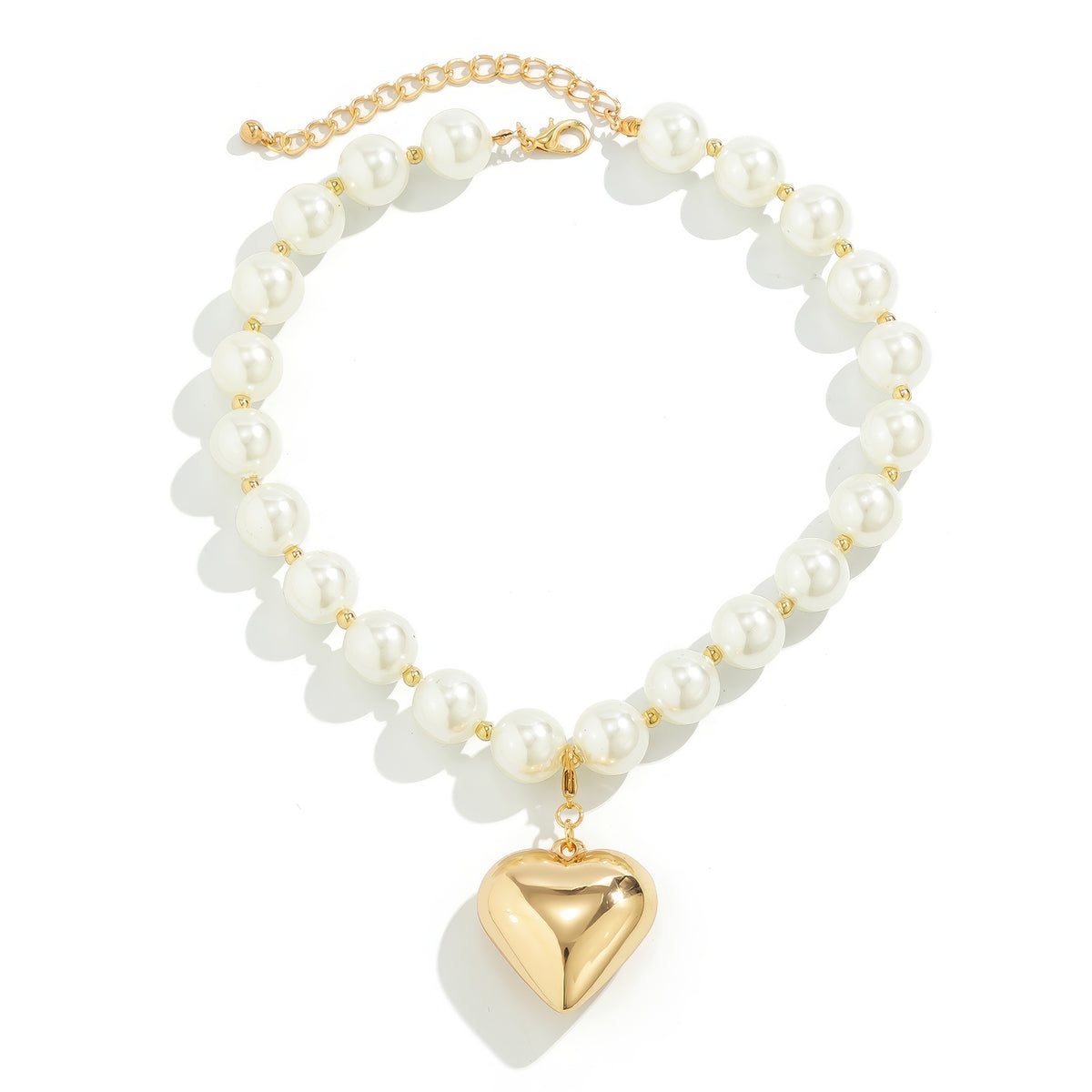 Large Faux Pearl and Puffy Heart Pendant Necklace