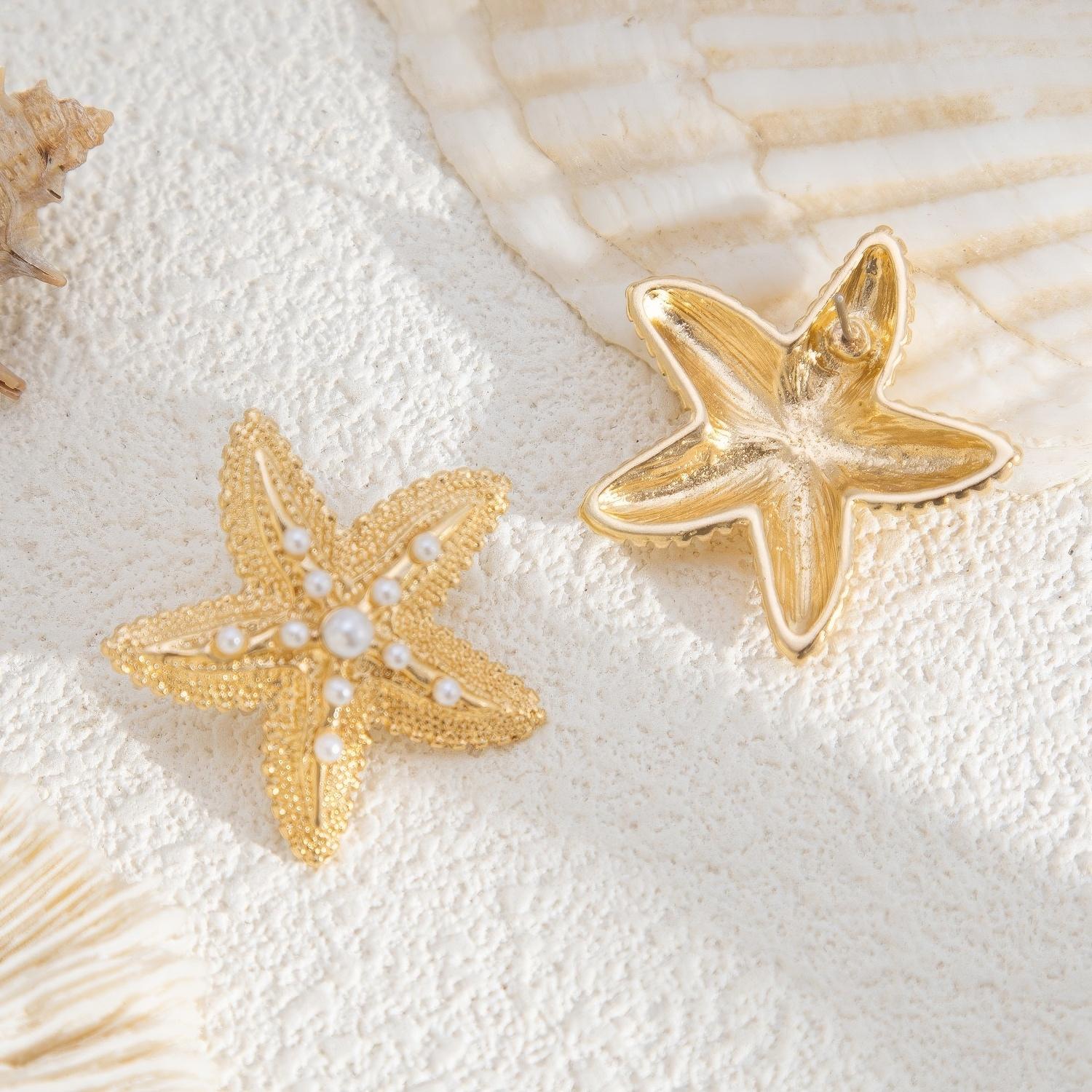 Large Textured Gold-Tone Starfish Stud Earrings with Faux Pearl Accents