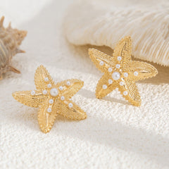 Large Textured Gold-Tone Starfish Stud Earrings with Faux Pearl Accents