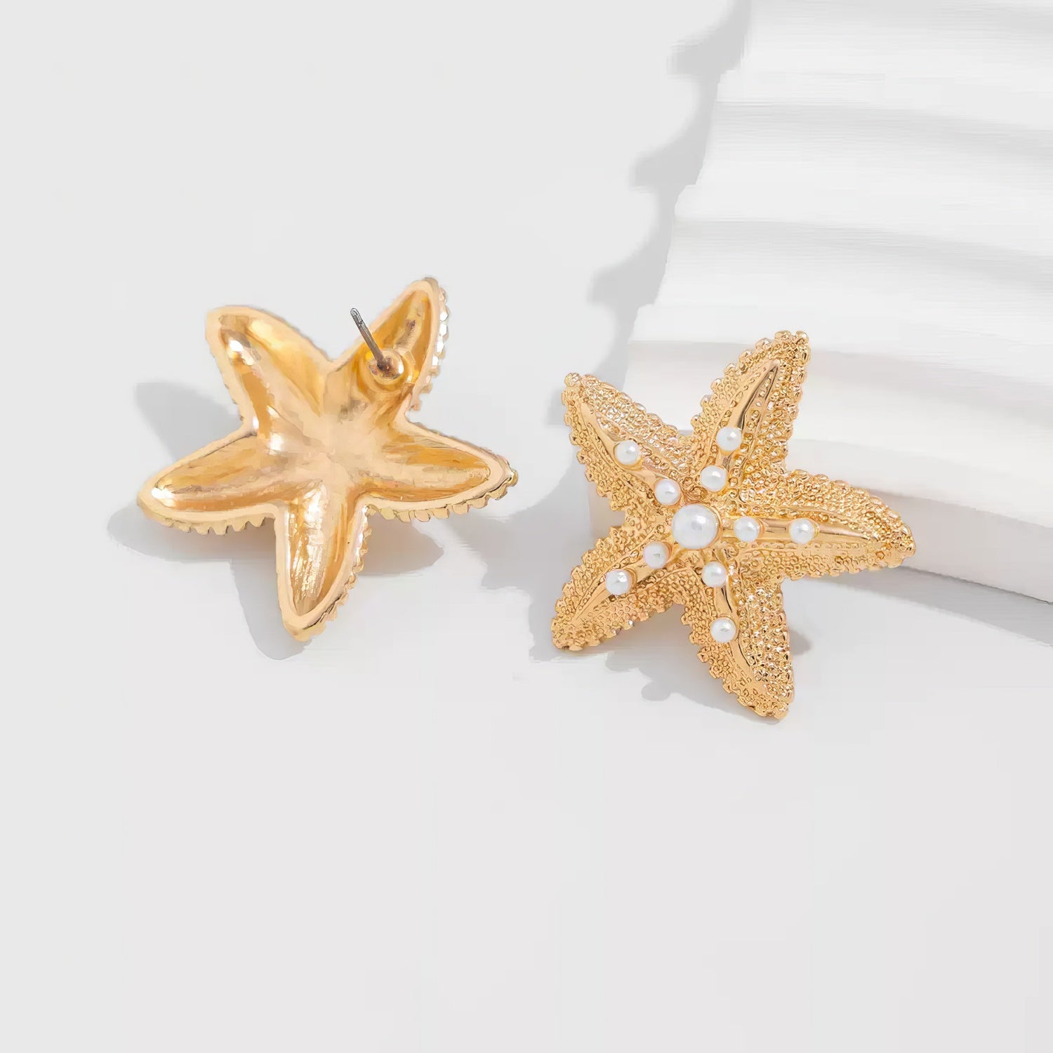 Large Textured Gold-Tone Starfish Stud Earrings with Faux Pearl Accents