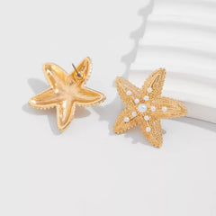 Large Textured Gold-Tone Starfish Stud Earrings with Faux Pearl Accents
