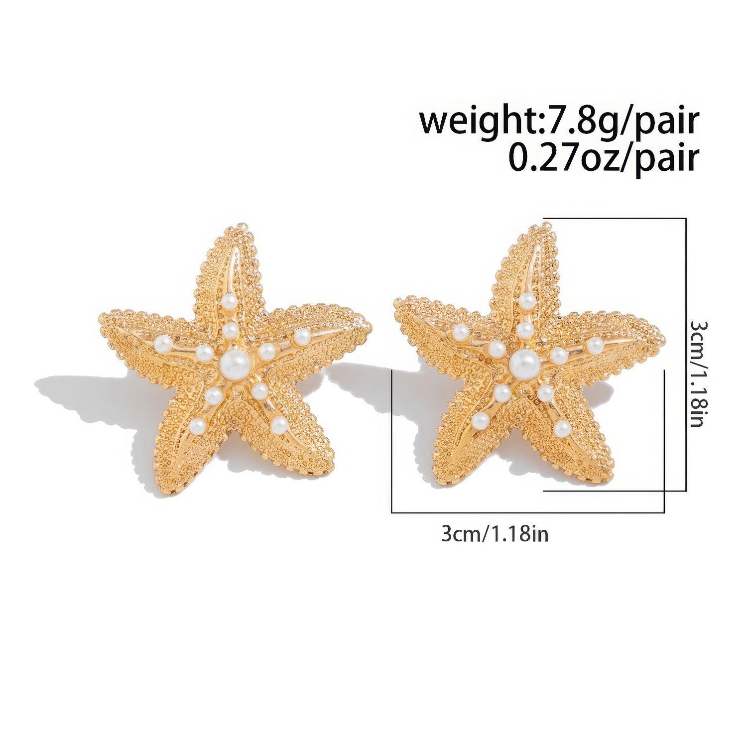 Large Textured Gold-Tone Starfish Stud Earrings with Faux Pearl Accents