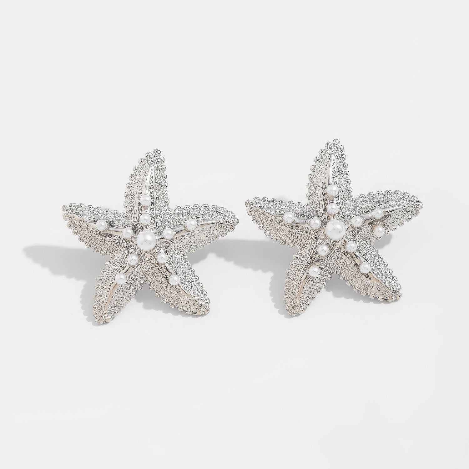 Large Textured Gold-Tone Starfish Stud Earrings with Faux Pearl Accents