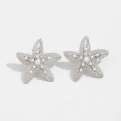 Large Textured Gold-Tone Starfish Stud Earrings with Faux Pearl Accents