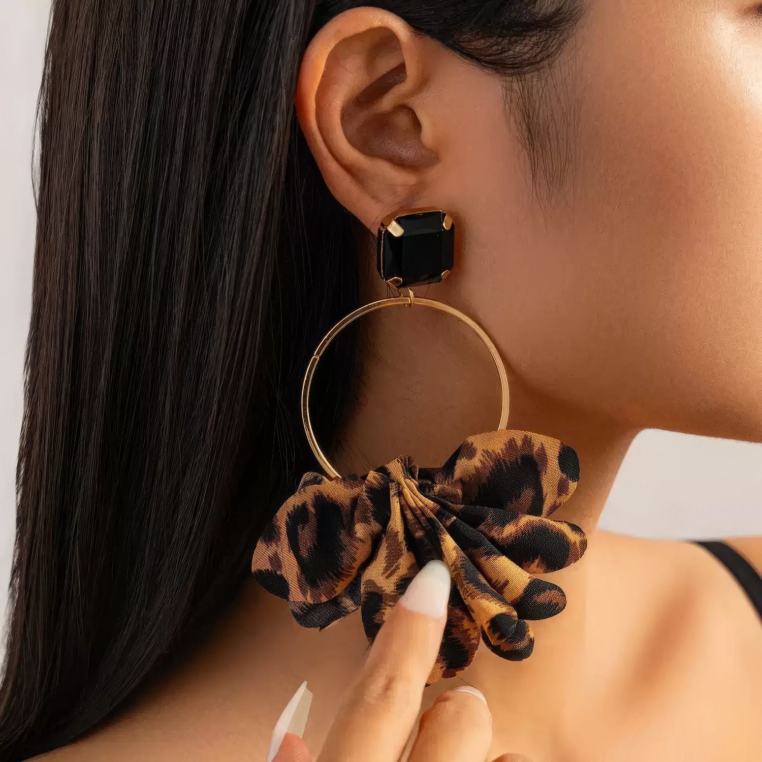 Leopard Print Ruffle Fabric Hoop Earrings