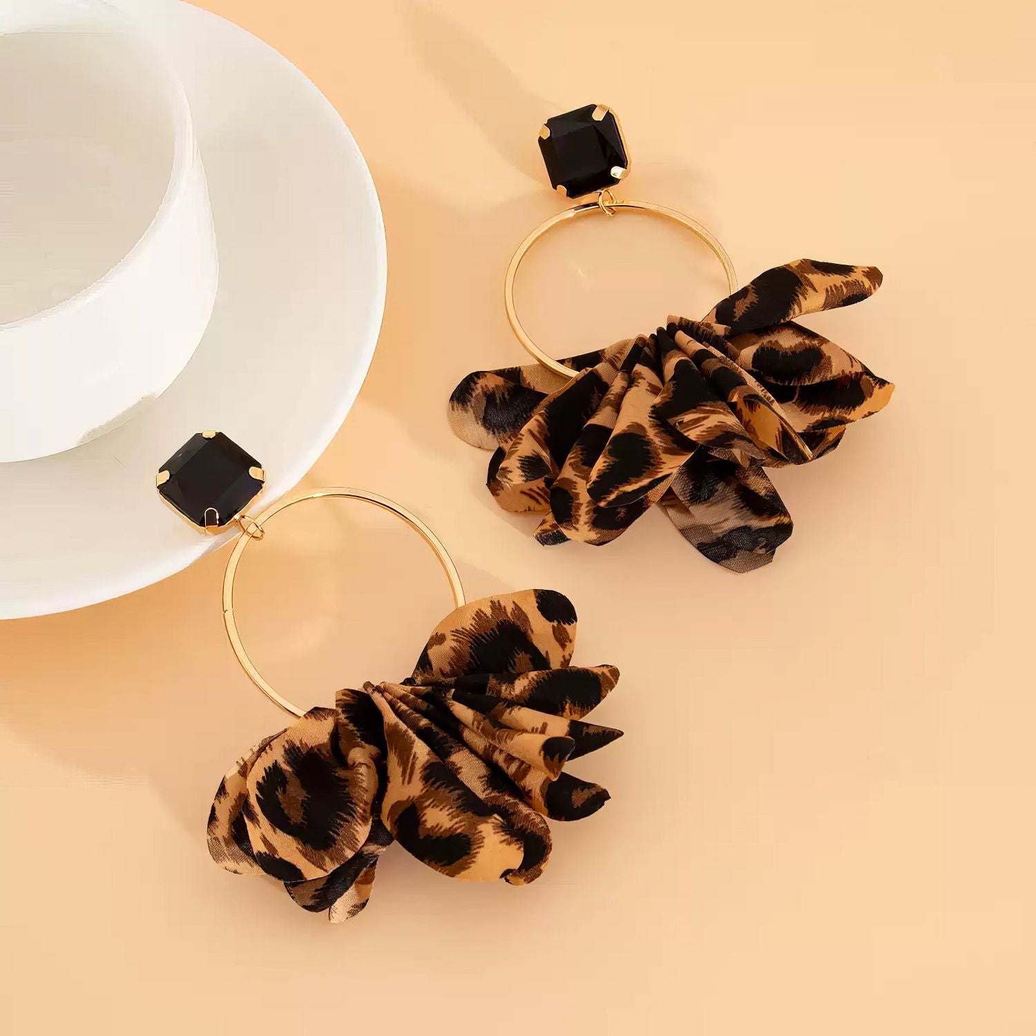 Leopard Print Ruffle Fabric Hoop Earrings