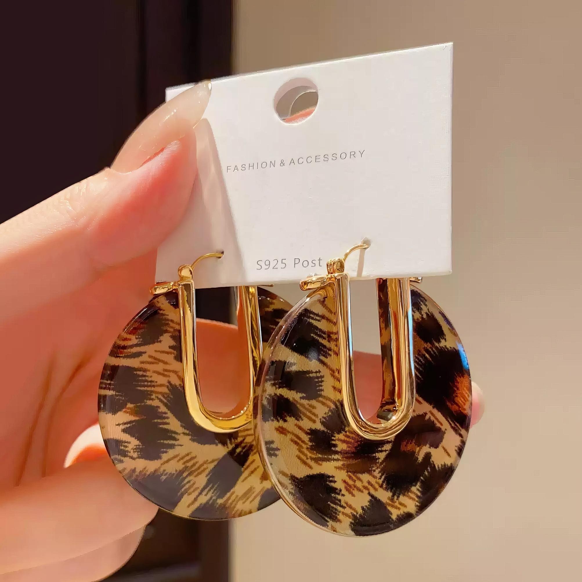 Leopard Print Resin U-Shaped Hoop Earrings