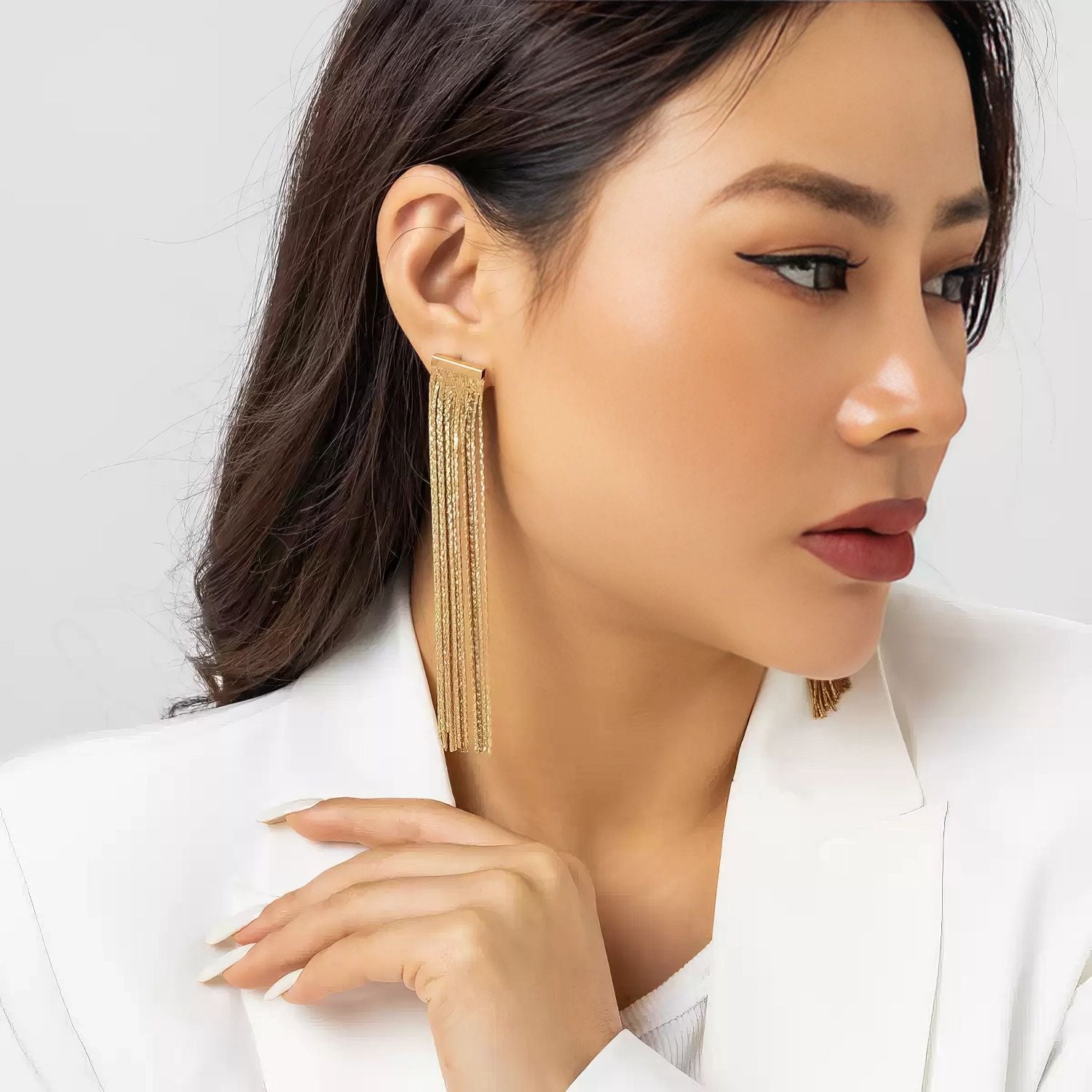 Long Gold Tone Chain Tassel Drop Earrings