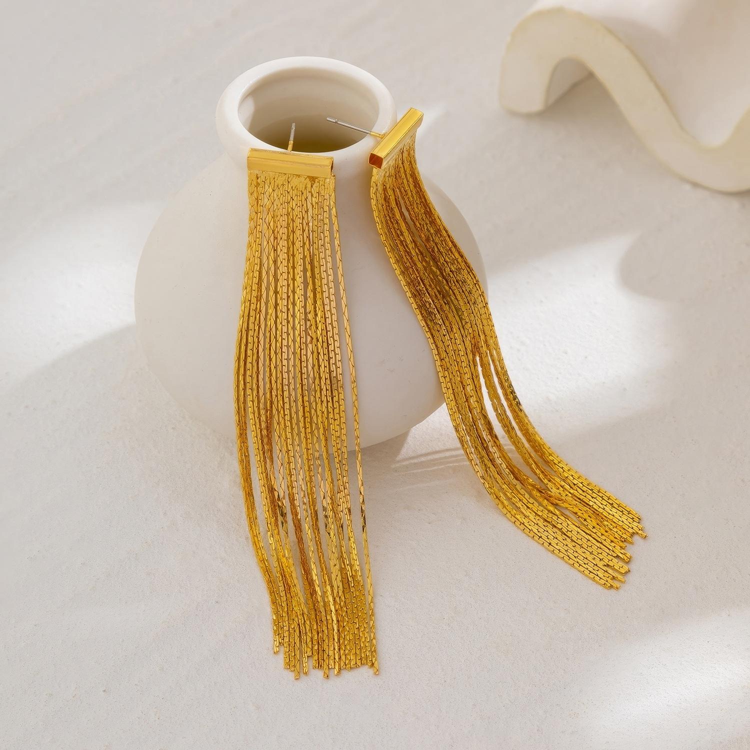 Long Gold Tone Chain Tassel Drop Earrings