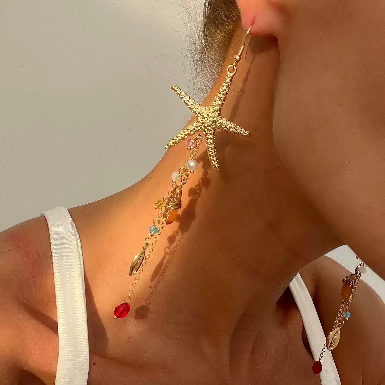 Long Starfish Dangle Charm Drop Earrings