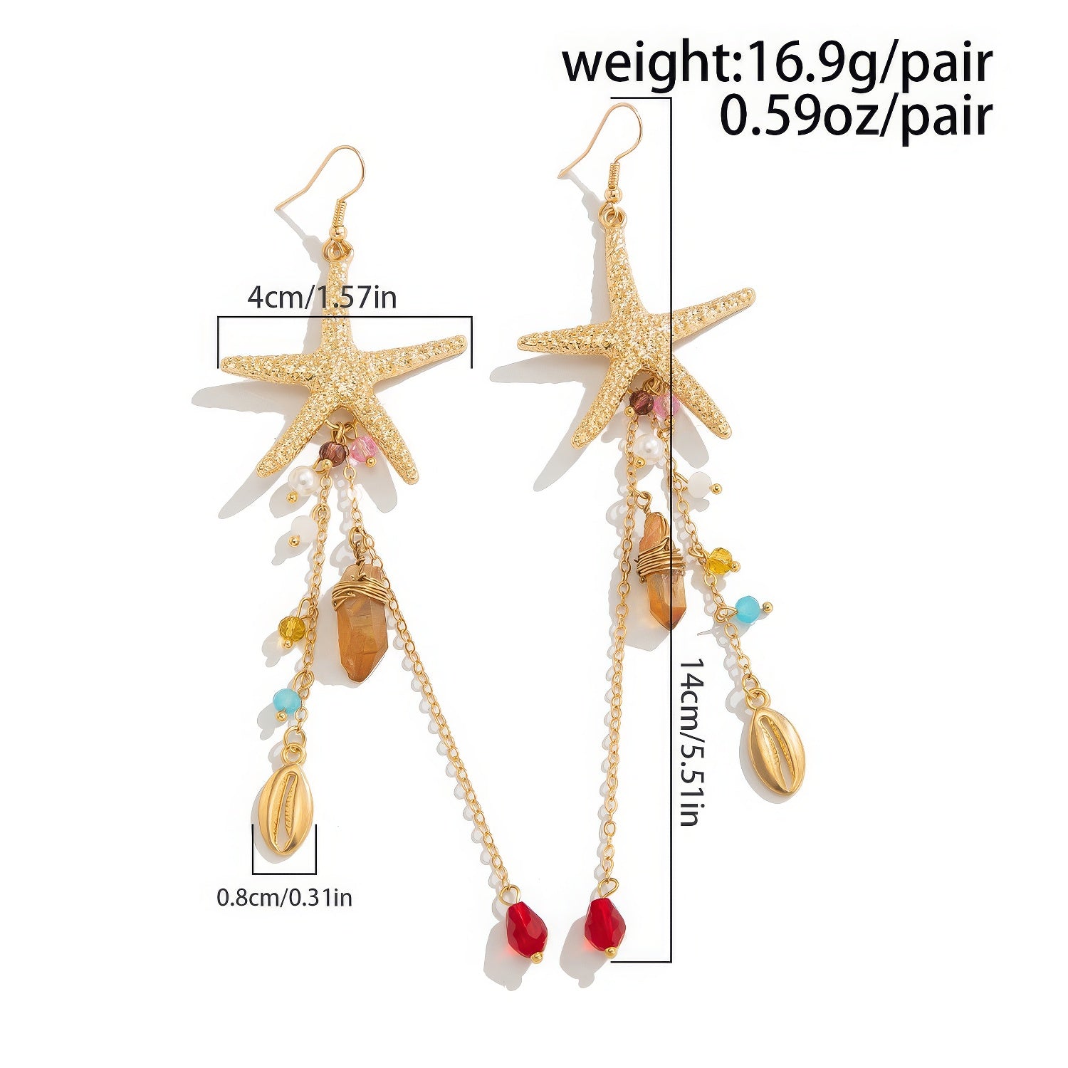 Long Starfish Dangle Charm Drop Earrings