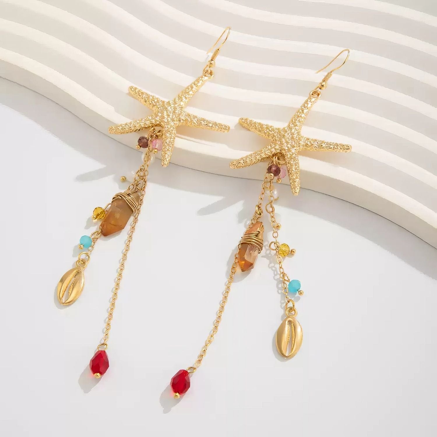 Long Starfish Dangle Charm Drop Earrings