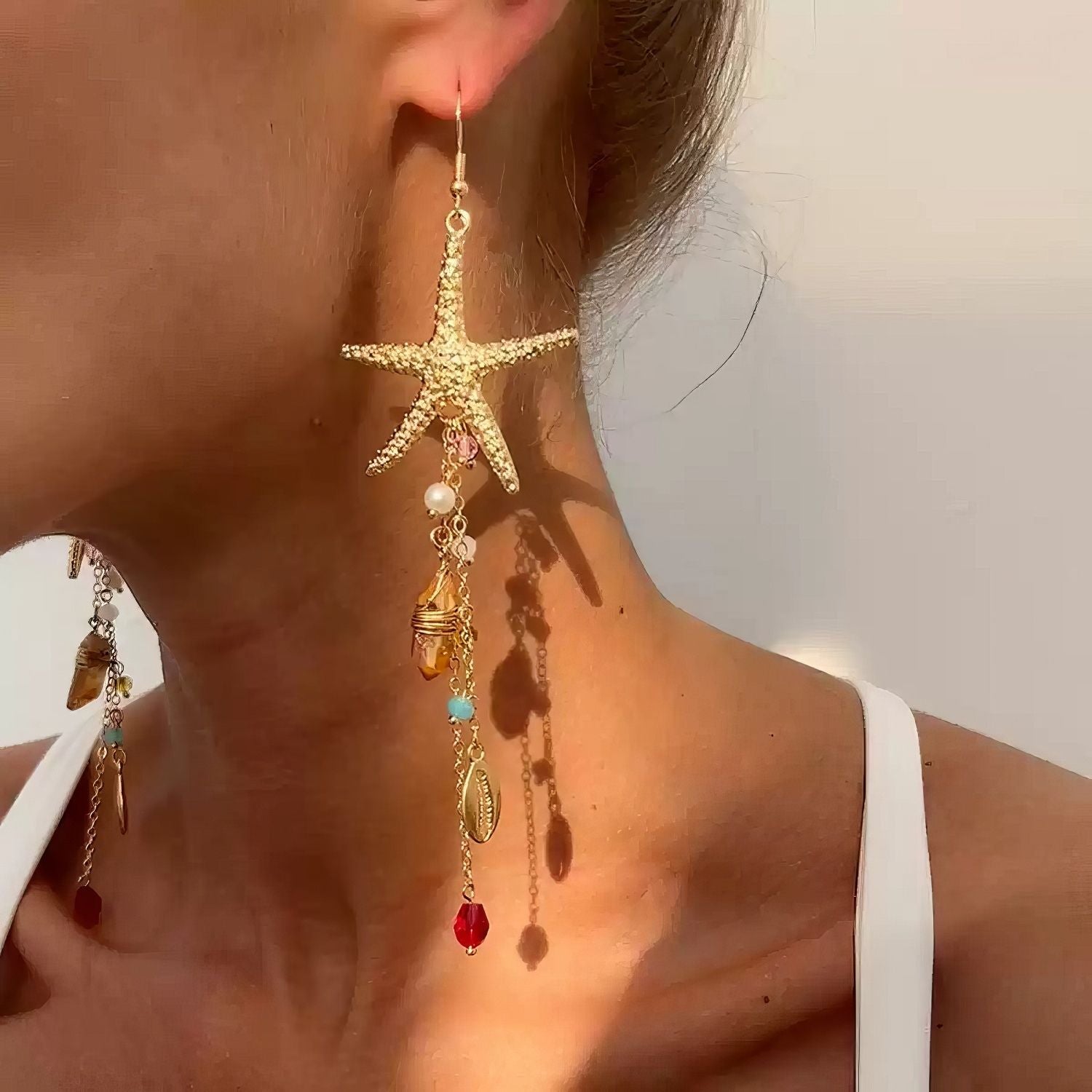 Long Starfish Dangle Charm Drop Earrings
