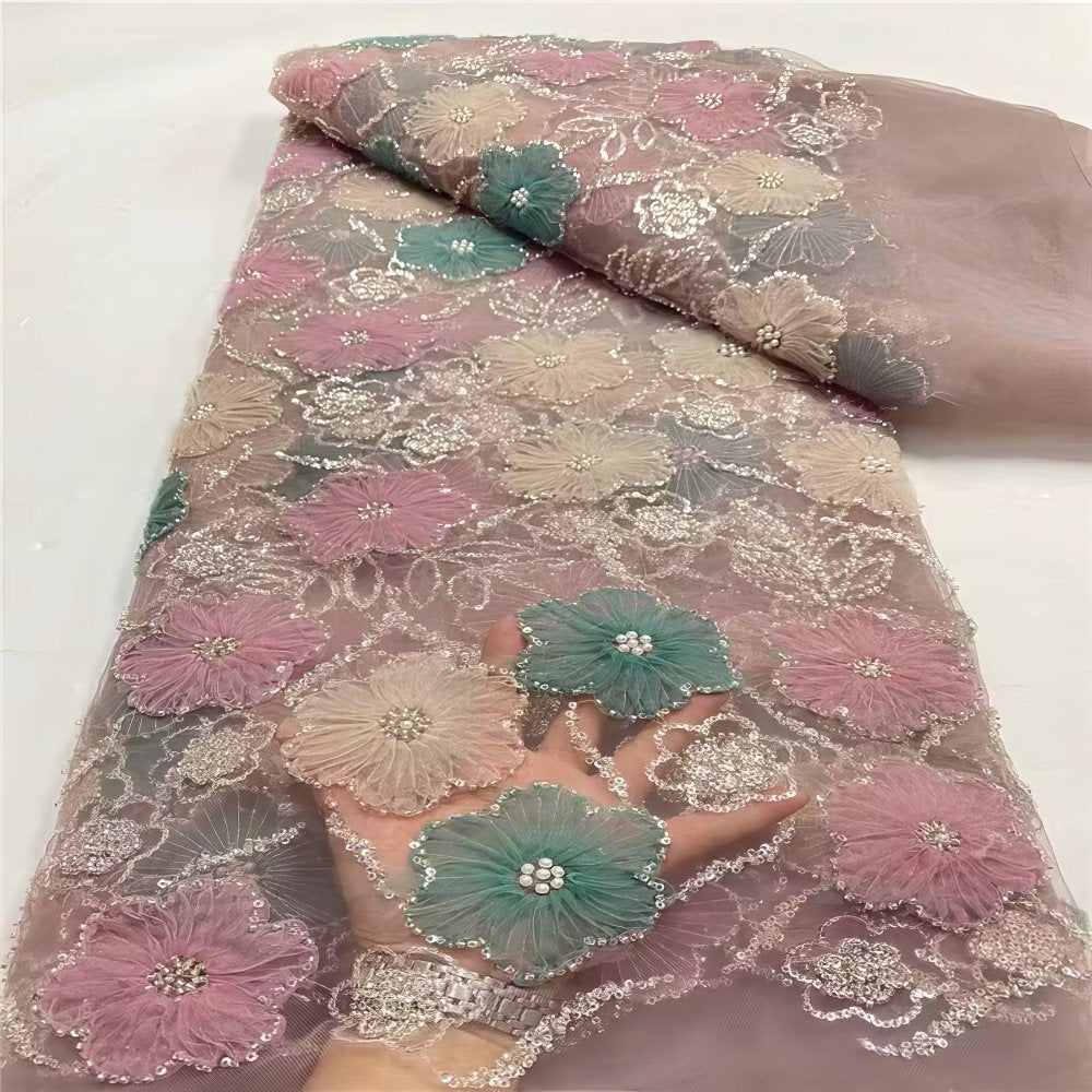 Tela de tul con encaje floral y bordado de lujo, con cuentas decorativas - G5H6J
