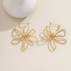 Minimalist Wire Flower Drop Hoop Earrings
