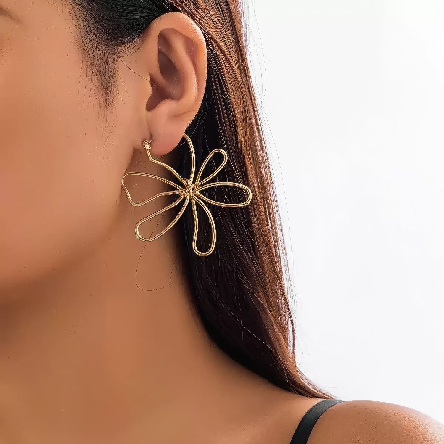 Minimalist Wire Flower Drop Hoop Earrings