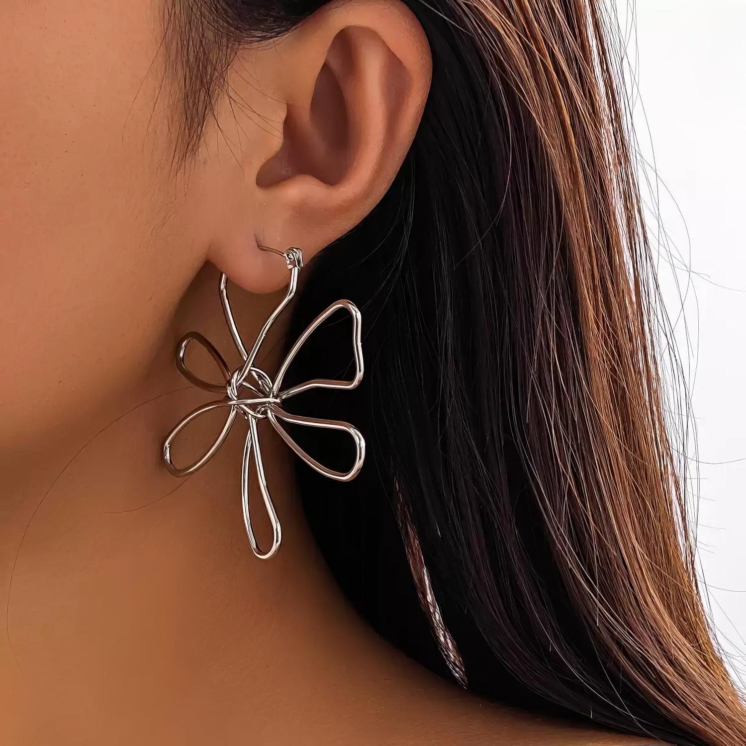 Minimalist Wire Flower Drop Hoop Earrings