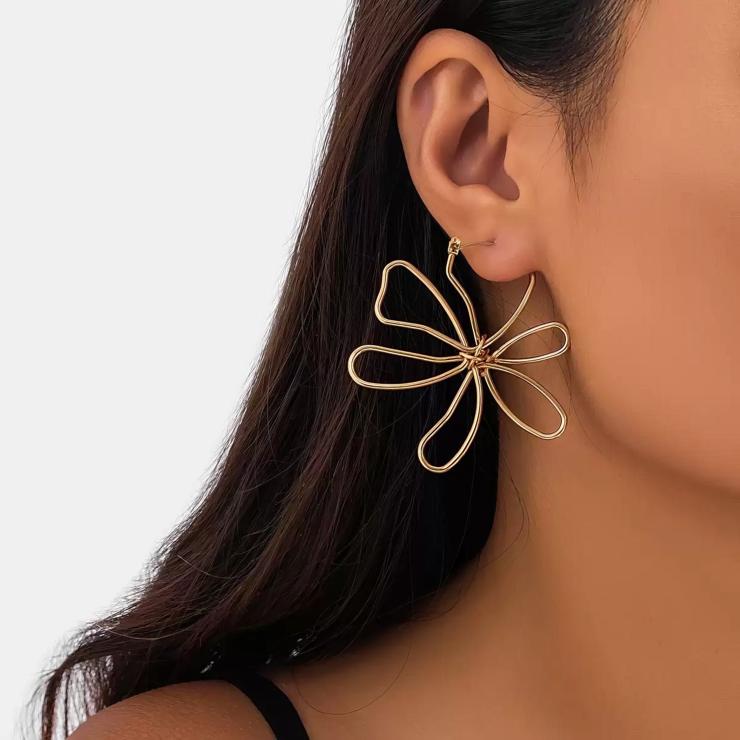Minimalist Wire Flower Drop Hoop Earrings