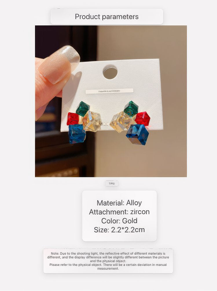 Multi-Colored Cubic Zirconia Geometric Cube Cluster Stud Earrings