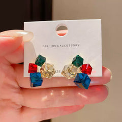 Multi-Colored Cubic Zirconia Geometric Cube Cluster Stud Earrings