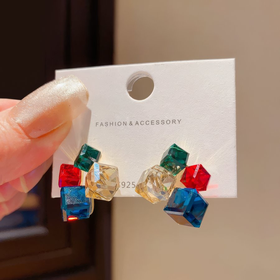 Multi-Colored Cubic Zirconia Geometric Cube Cluster Stud Earrings