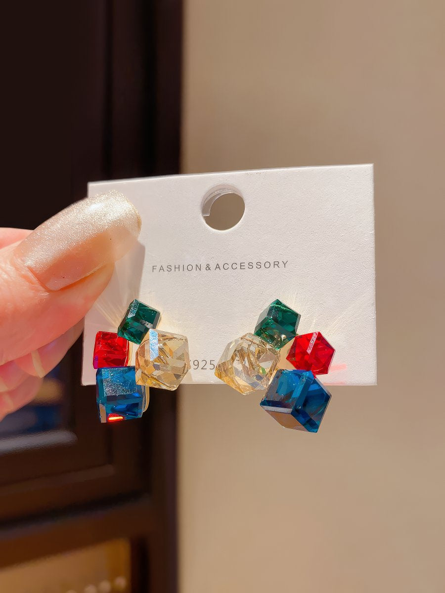 Multi-Colored Cubic Zirconia Geometric Cube Cluster Stud Earrings