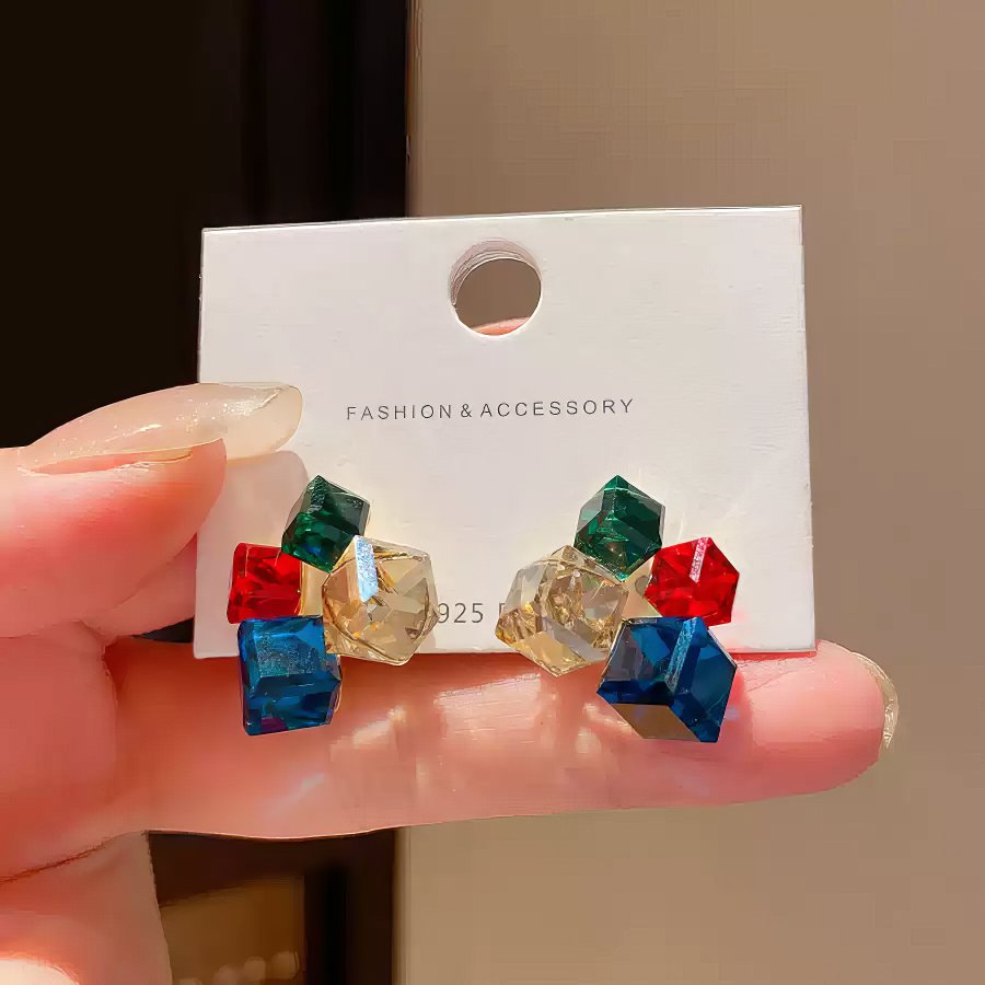 Multi-Colored Cubic Zirconia Geometric Cube Cluster Stud Earrings
