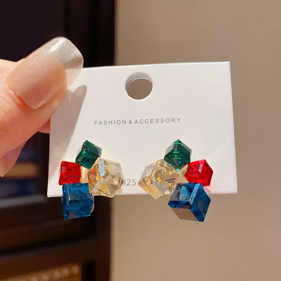 Multi-Colored Cubic Zirconia Geometric Cube Cluster Stud Earrings