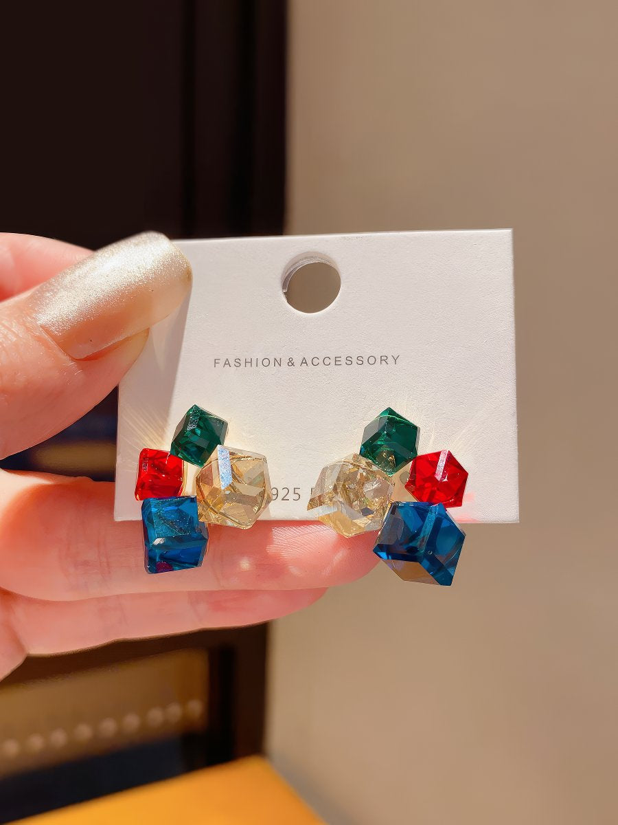 Multi-Colored Cubic Zirconia Geometric Cube Cluster Stud Earrings