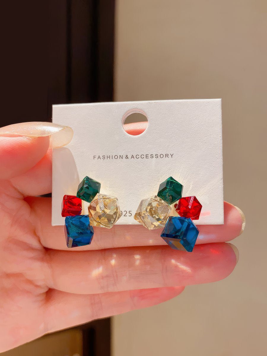 Multi-Colored Cubic Zirconia Geometric Cube Cluster Stud Earrings
