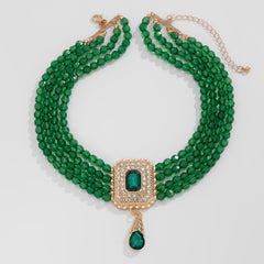 Multi-Layer Red Bead Choker with Rhinestone Pendant