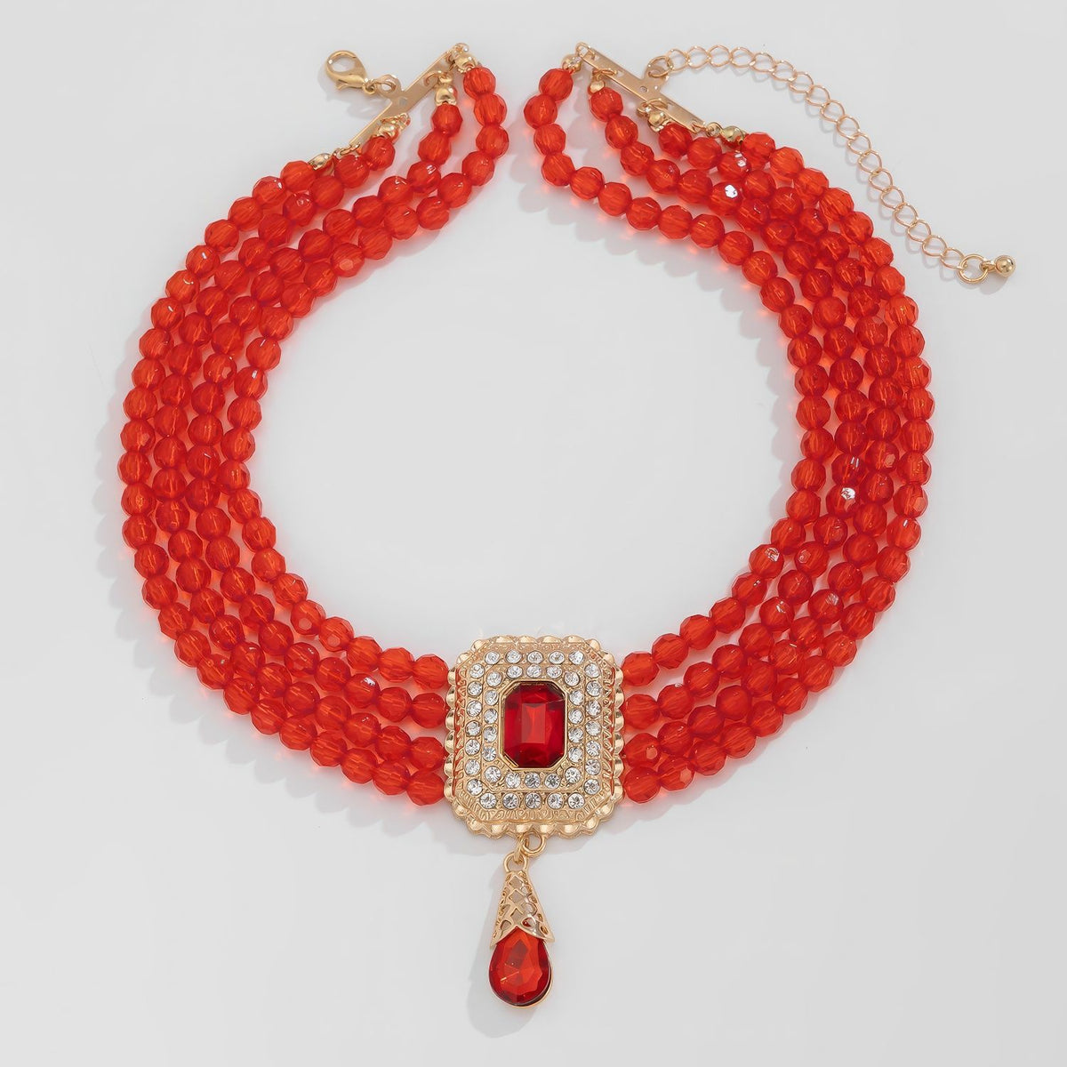 Multi-Layer Red Bead Choker with Rhinestone Pendant