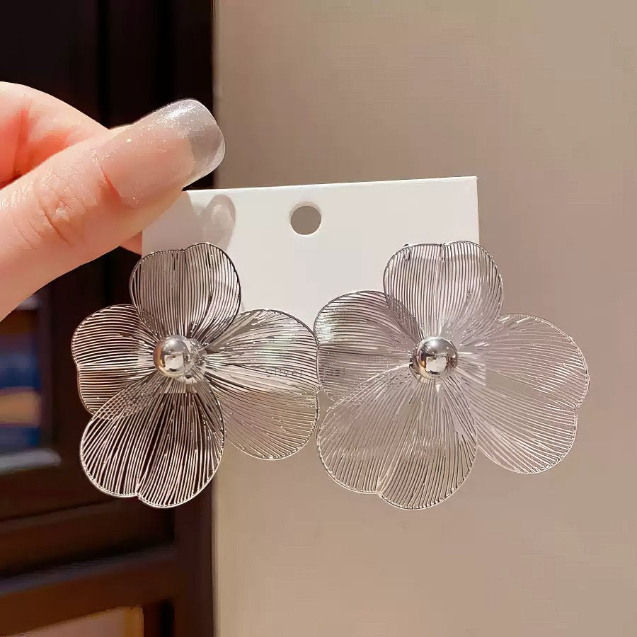Oversized Gold Tone Flower Earrings with Delicate Filigree Wire Design
