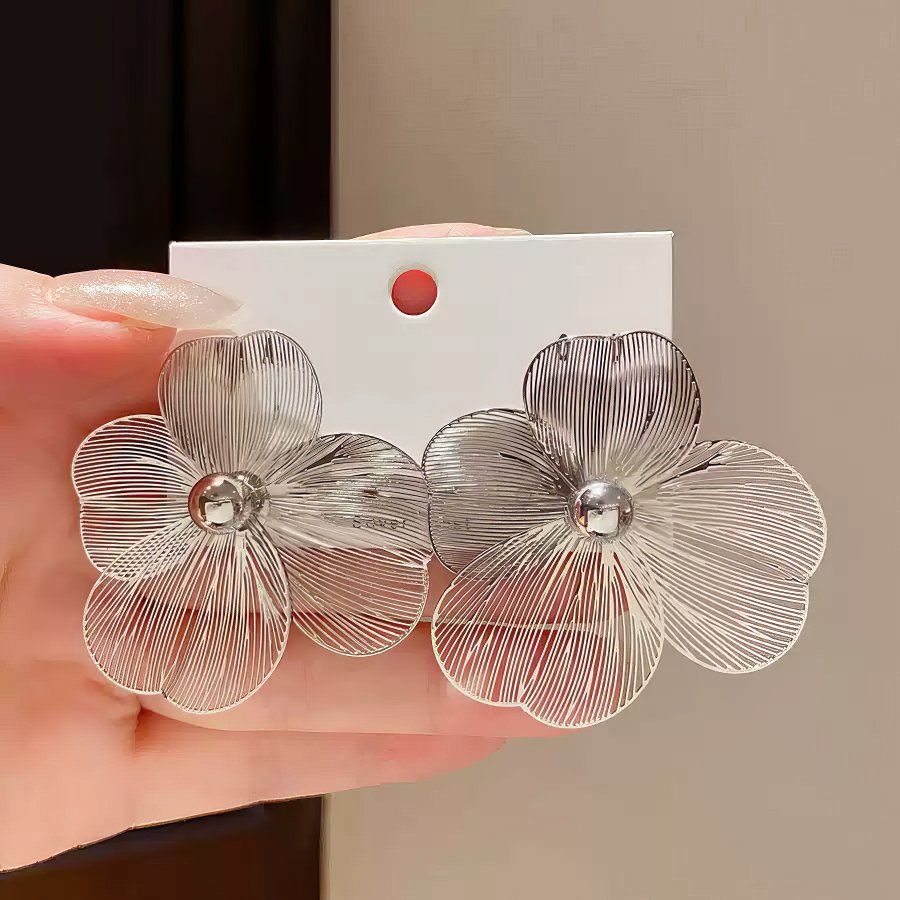 Oversized Gold Tone Flower Earrings with Delicate Filigree Wire Design