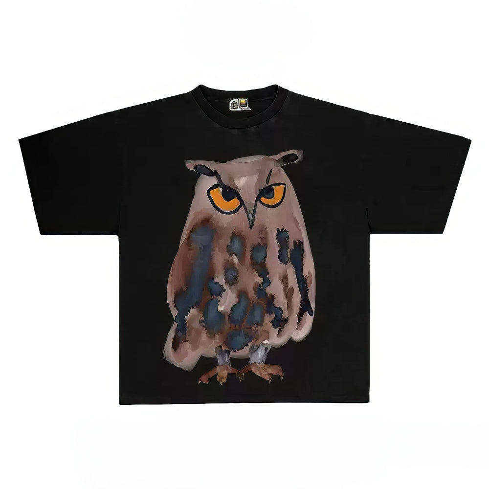 Oversized Owl Graphic Tee with Watercolor Style Print