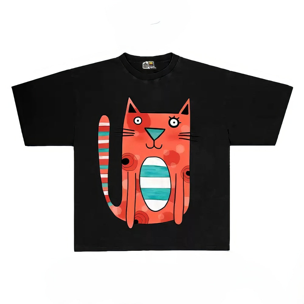 Playful Cat Graphic Tee with Abstract Design Print
