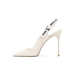 Pointed-Toe Slingback Stiletto Heels with Ribbon Straps