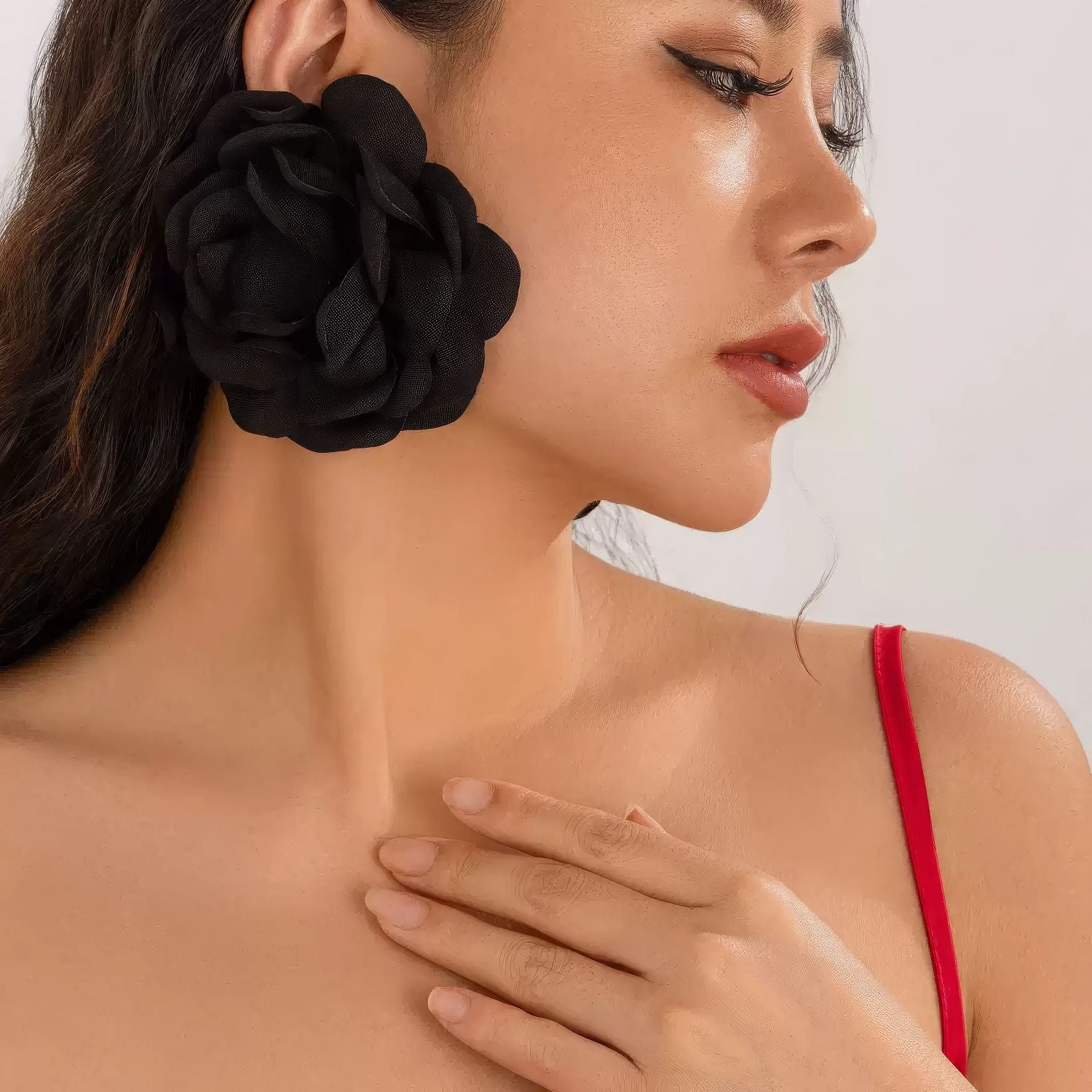 Red Fabric Rose Floral Stud Earrings