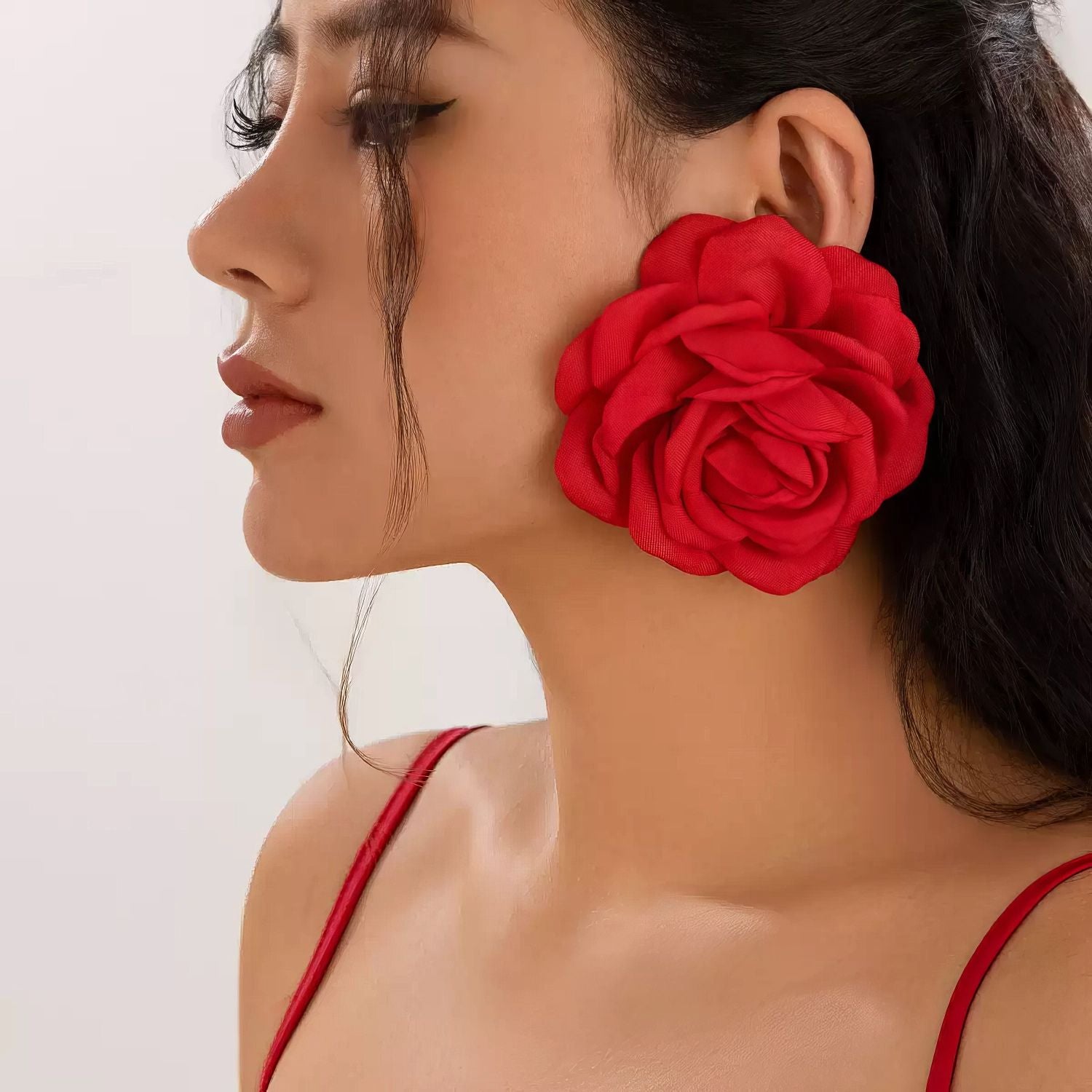 Red Fabric Rose Floral Stud Earrings